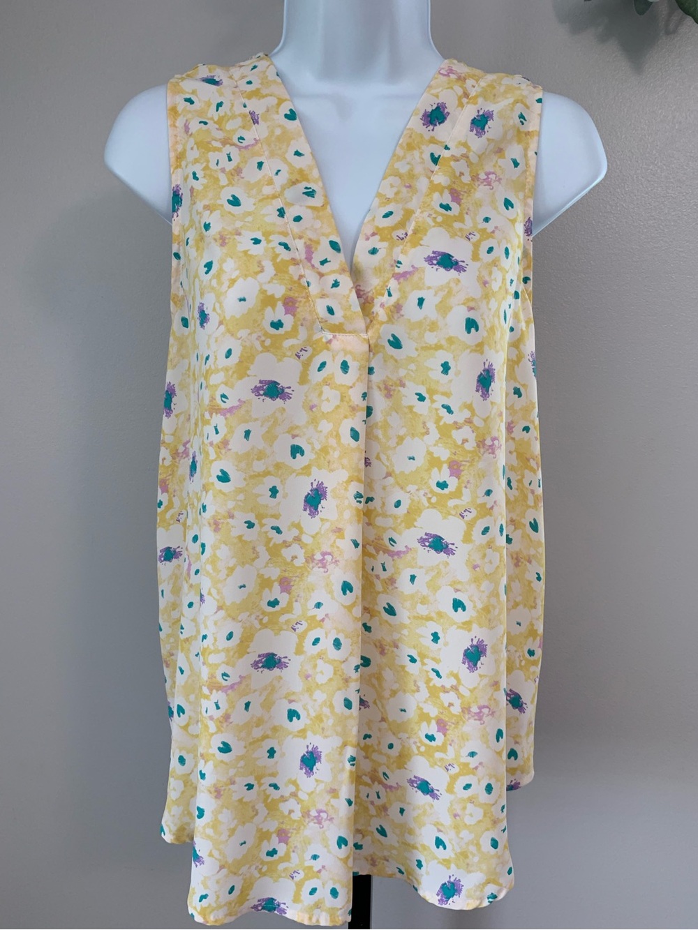Staccato Yellow Floral Print Top with Teal and Purple Accents